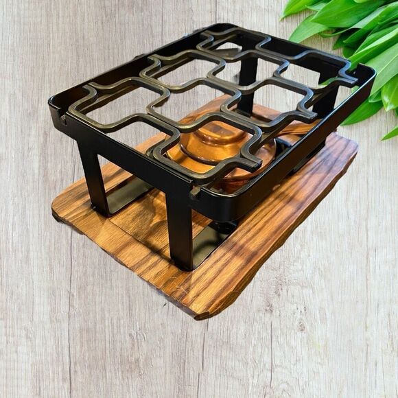 Vintage Spring Swiss Food Warmer Wrought Iron and Copper with Wooden Carved Bas - Picture 11 of 12